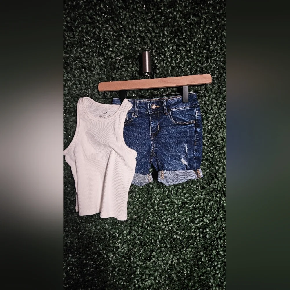 2 Piece Set Kids Denim Blue Shorts With White Tank Top